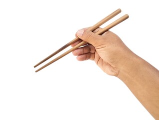 Man hand holding wooden chopsticks isolated on white background 