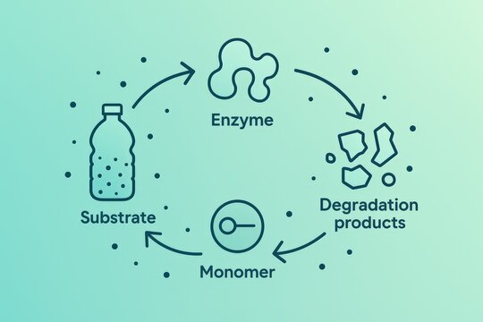 Innovative biochemical cycle demonstrating enzyme action on substrate breakdown into monomers and degradation products showcasing ecological impacts and sustainability principles
