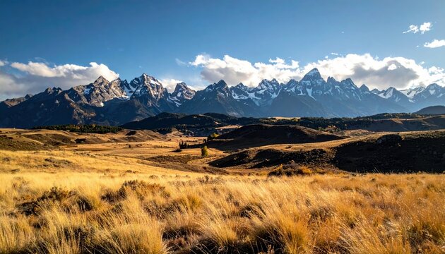 A vast, golden meadow with tall, dry grass in the foreground leads to rolling hills and a majestic mountain range with snow-covered peaks under a bright blue sk - Powered by Adobe