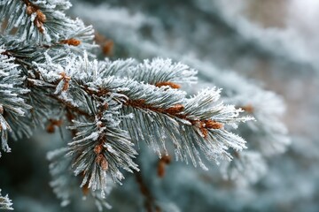 Frosted fir tree branch closeup with snow on evergreen needles winter scene
