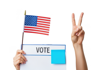A hand holding a sign that says vote and a small american flag, with another hand making a peace sign, isolated on transparent background