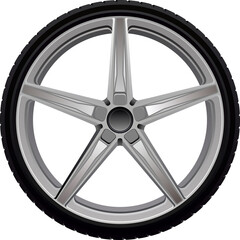 Obraz premium Silver Five Spoke Alloy Wheel Rim with Black Tire Tread and Transparent Background