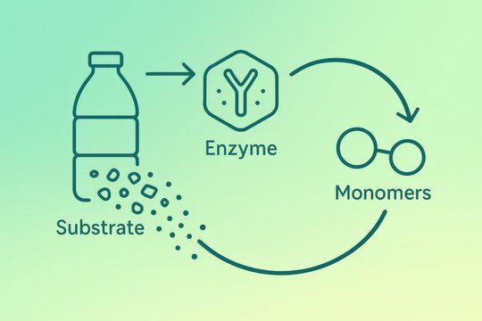 Innovative enzymatic processes converting substrates into monomers illustrated through a sleek green gradient backdrop showcasing sustainable biotechnological advancements