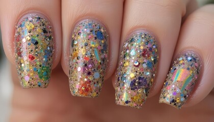 Close-up of manicured hands with colorful glitter nail polish. The nails are adorned with various shapes and sizes of glitter in a shiny finish.