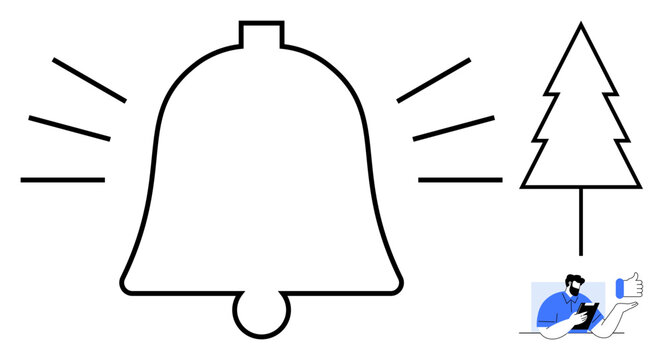 Bell with lines indicating sound, simple tree outline, and person using a device. Ideal for notifications, communication, technology, updates, reminders nature and user interaction. Simple flat