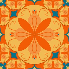 abstract floral background,orange, blue curves ,painted create to flowershape, leaves, orange background in geometric patterns as sarong,fabric,tile,printed fabric,batik,tablecloth patterns.