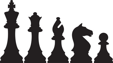 Black silhouettes of five chess pieces lined up on a white background game strategy on transparent background © PixelSaga MH2 