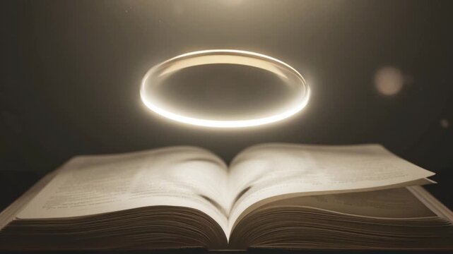 Open book pages forming gentle curved shape with glowing floating circular light ring above it in soft cinematic darkness ambiance representing knowledge enlightenment imagination inspiration wisdom c