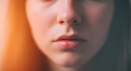 Close up portrait of a young woman with soft light and blurred background, capturing the beauty of her face and delicate features