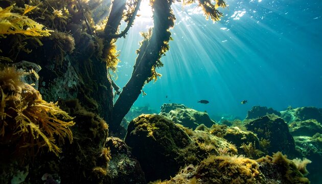 Underwater Sunlight Filtering Through Kelp Forest Canopy.