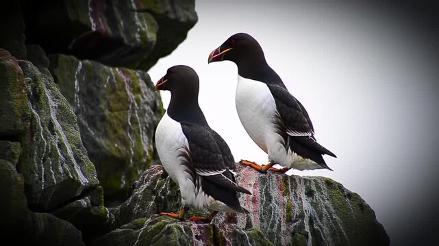 A Stunning Visual of Razorbills, a Marine Bird Species, Perched on a Rocky Outcrop