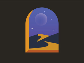 Minimalist moroccan scene, windows in a view of the desert during the night