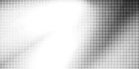 Dotted halftone texture background. Black and white pop art gradient overlay. Fading grunge gritty noise wallpaper. Weathered pixelated comic backdrop. Vector bitmap subtle vanishing surface © Bletang