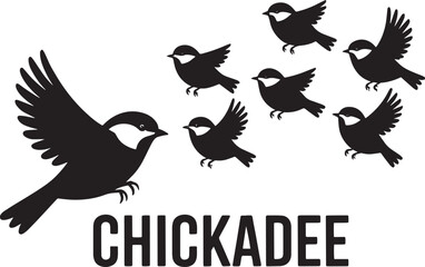 Black-capped chickadee bird silhouette set flying and perching over square background graphic vector illustration