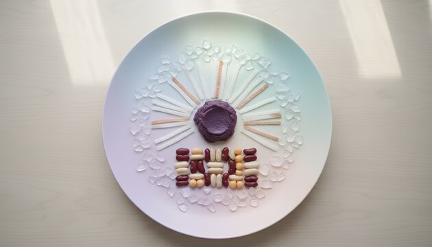 Contemporary culinary creation a beautifully deconstructed food dish with a centerpiece of vibrant purple, artfully arranged on a clean white plate