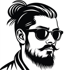 Bearded gentleman with mustache wears sunglasses, showcasing a modern topknot hairstyle on a white background