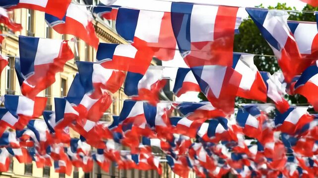 Festive French flags waving create a colorful celebration in France. National symbol, French spirit, patriotism.