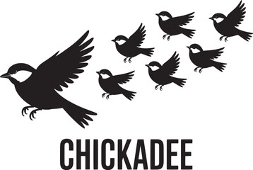 Chickadee bird silhouette vector graphic illustration with group of small flying birds and typography