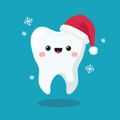 Cute tooth character with Santa Claus hat. Vector illustration 