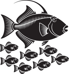 Detailed black large pomfret fish with seven small fish in school graphic vector illustration set