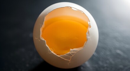 Close-up of a cracked eggshell with a partially visible yolk inside, highlighting the delicate texture and vibrant color of the egg's interior