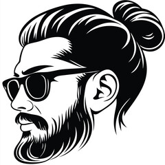 Bearded man with a top knot and sunglasses looks to the left