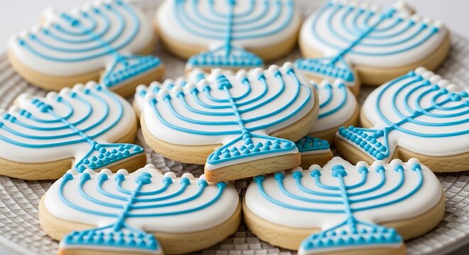 Photo of a closeup of a plate filled with delicious hanukkah cookies decorated with blue icing in the shape of menorahs and dreidels