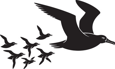 Flying albatross or large seagull silhouette and small flock birds isolated vector emblems design elements
