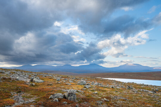 A moody autumn day n the highlands of Utsjoki in the Finnish Lapland with the view to the high fells on the Norwegian side of the border