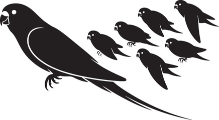 Long tailed parakeet or parrot standing next to small flying and perched birds in simple silhouette graphic vector