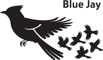 Silhouette blue jay bird and flock of five smaller birds flying abstract graphic vector illustration