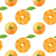 Watercolor pattern with orange, fruit, in soft orange tones, hand drawing style, vector illustration, delicate details, seamless design, white background.