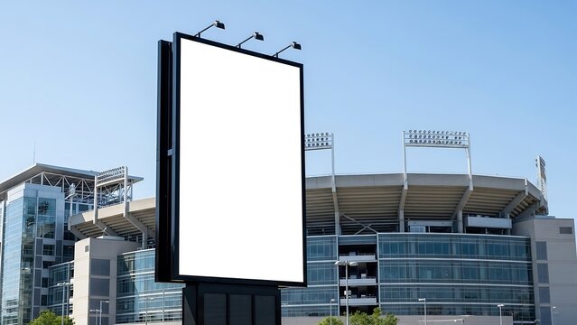 Standing vertical black outline billboard with clear white display outside a football stadium,