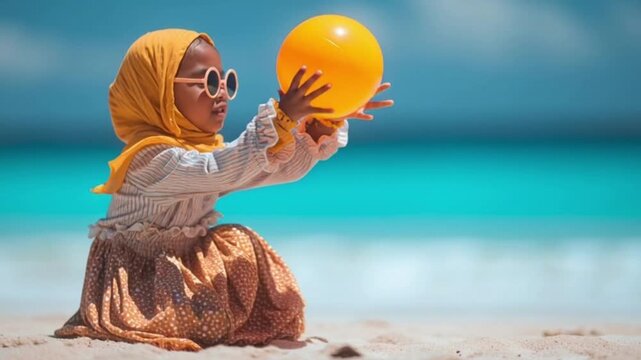 Adorable hijab-wearing girl playing with a beach ball under bright sun, clear blue water, lively and fun tropical beach