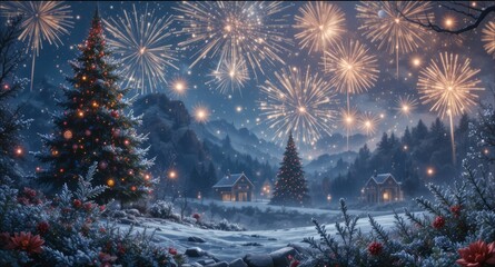 A snowy landscape with evergreen trees and small houses. Colorful fireworks illuminate the night sky, creating a festive atmosphere.