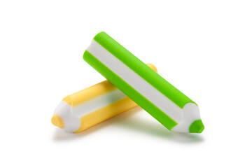 Pencil shaped colored eraser isolated on white background