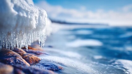 Coastal Ice Majesty: A breathtaking view of the coast reveals a stunning landscape where ice crystals and frozen formations meet the serene blue sea under the bright sun - Powered by Adobe
