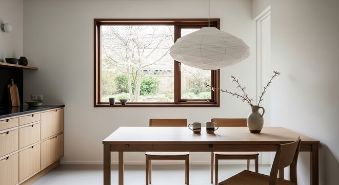 Minimalist dining area with wooden table, chairs, and a large window overlooking a garden. - Powered by Adobe