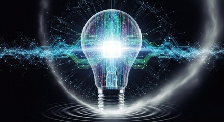 A glowing light bulb emitting a blue and green energy field with a digital circuit board and light waves in the background.