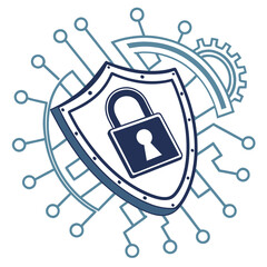 Illustration of a shield with a padlock inside, surrounded by digital circuit elements, representing cybersecurity and data protection in a technological context