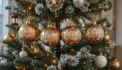 Decorative Christmas ornaments hang from a green pine tree. The ornaments are gold with intricate designs and the year 2020 is visible on each.