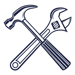 Illustration of crossed hammer and wrench, isolated on, symbolizing repair, construction, and craftsmanship in a simple design