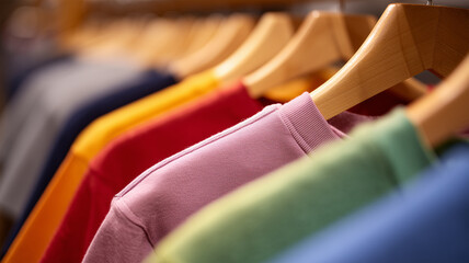 カラフルなTシャツが掛かったハンガーラック