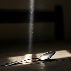 A close-up of a silver spoon lying on a wooden surface with sunlight streaming through a window, creating a dramatic shadow and highlighting the dust particles in the air