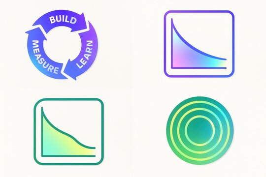 Iconic visual representations of growth strategies showcasing the build measure learn cycle along with data analysis curves and concentric circles illustrating feedback loops in innovative