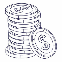 Illustration of a stack of coins with a dollar sign on them, isolated on the coins are stacked on top of each other, and there is one coin leaning against the stack