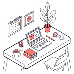 Isometric workspace illustration featuring a desk with a laptop, stationery, a cup of coffee, books, a plant, a calendar, and a chair, creating a cozy and productive work environment isolated on