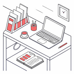 Isometric workspace illustration featuring a desk with a laptop, stationery, a cup of coffee, and a notebook, creating a cozy and productive work environment isolated on