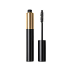 Obraz premium A black mascara tube with a gold cap and a separate wand with bristles
