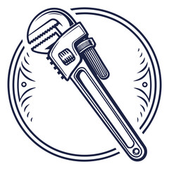 Illustration of a pipe wrench in a circle isolated on vector drawing of a plumbing tool for repair and maintenance work in vintage style